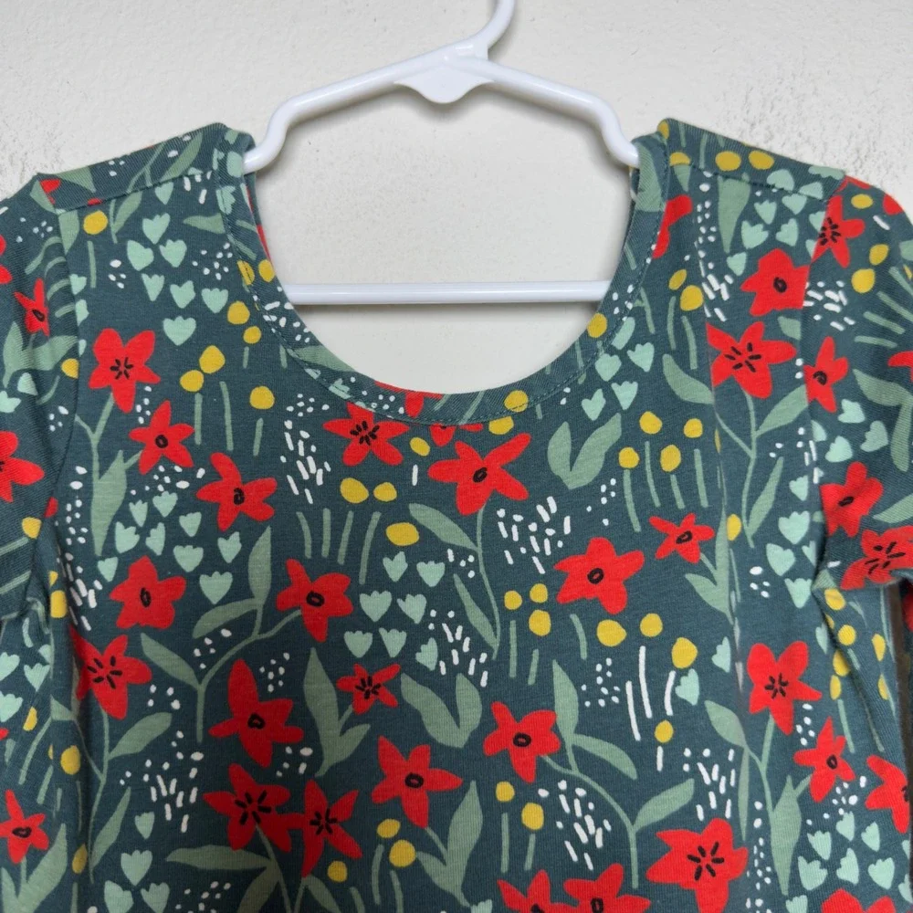 Hanna Andersson Girls Cotton Dress Size 6-7 Green Red Floral Christmas Holiday